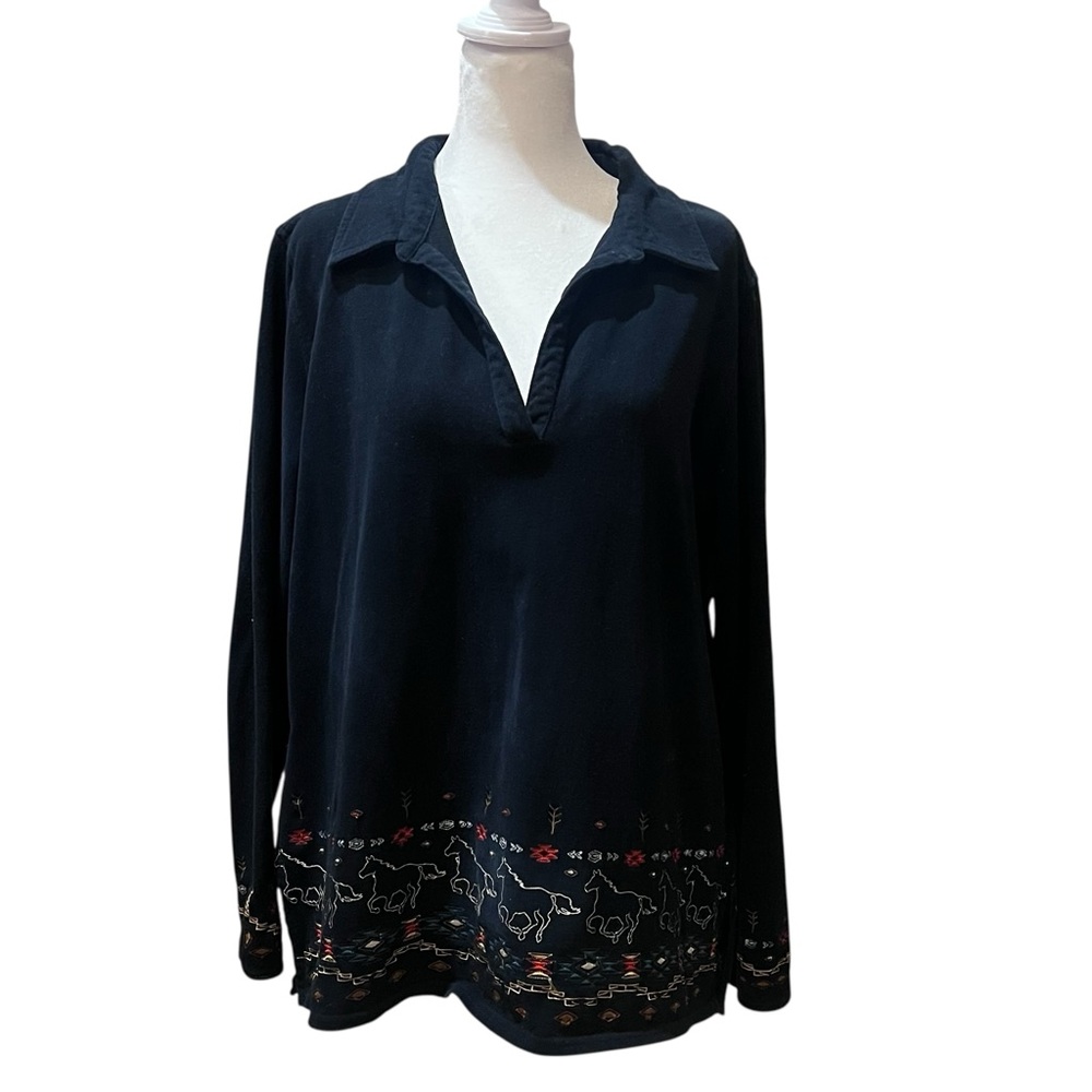 Gallop Black Horse‎ Western Embroidered  Collared Cotton Tunic Too Size Largr